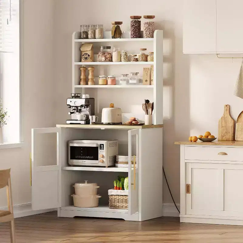 Alacena de Cocina con Enchufes y USB, Organizador de Despensa con Puerta de Vidrio