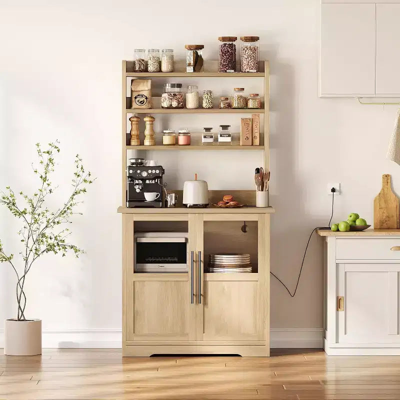 Alacena de Cocina con Enchufes y USB, Organizador de Despensa con Puerta de Vidrio