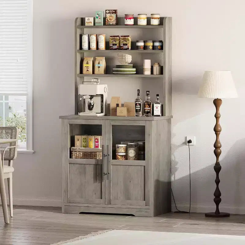 Alacena de Cocina con Enchufes y USB, Organizador de Despensa con Puerta de Vidrio