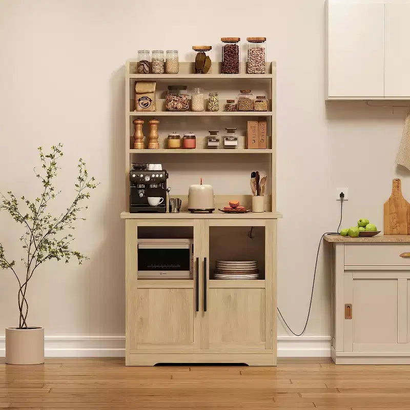 Alacena de Cocina con Enchufes y USB, Organizador de Despensa con Puerta de Vidrio