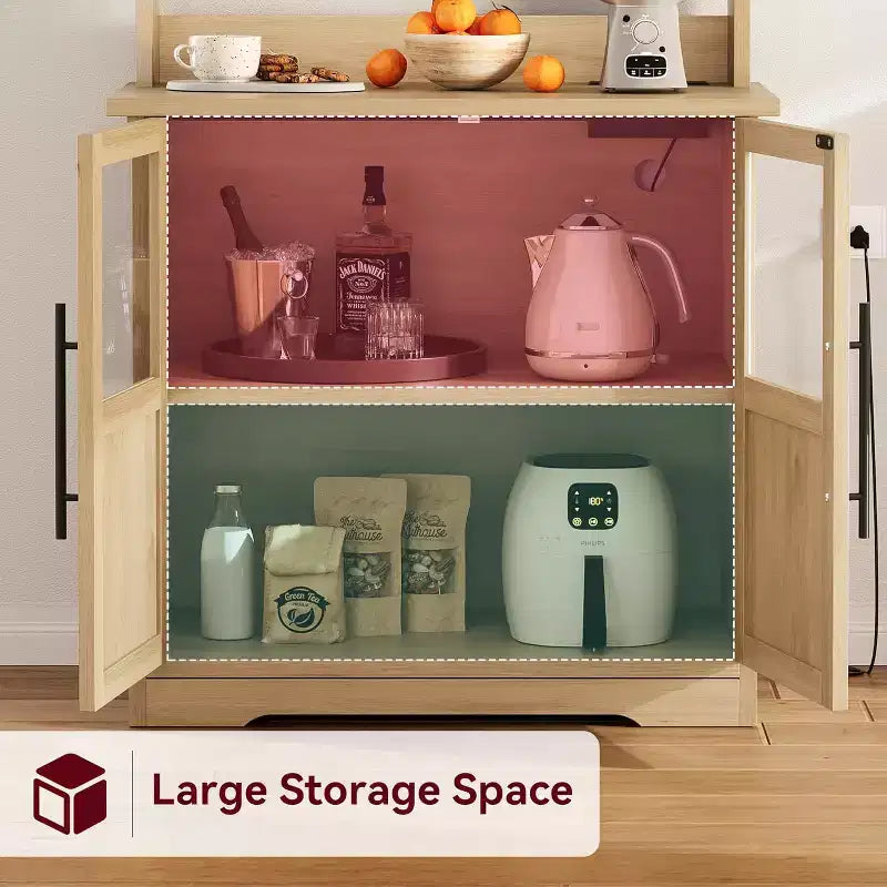 Alacena de Cocina con Enchufes y USB, Organizador de Despensa con Puerta de Vidrio