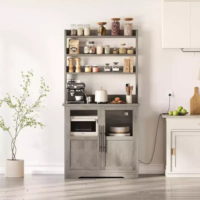 Alacena de Cocina con Enchufes y USB, Organizador de Despensa con Puerta de Vidrio