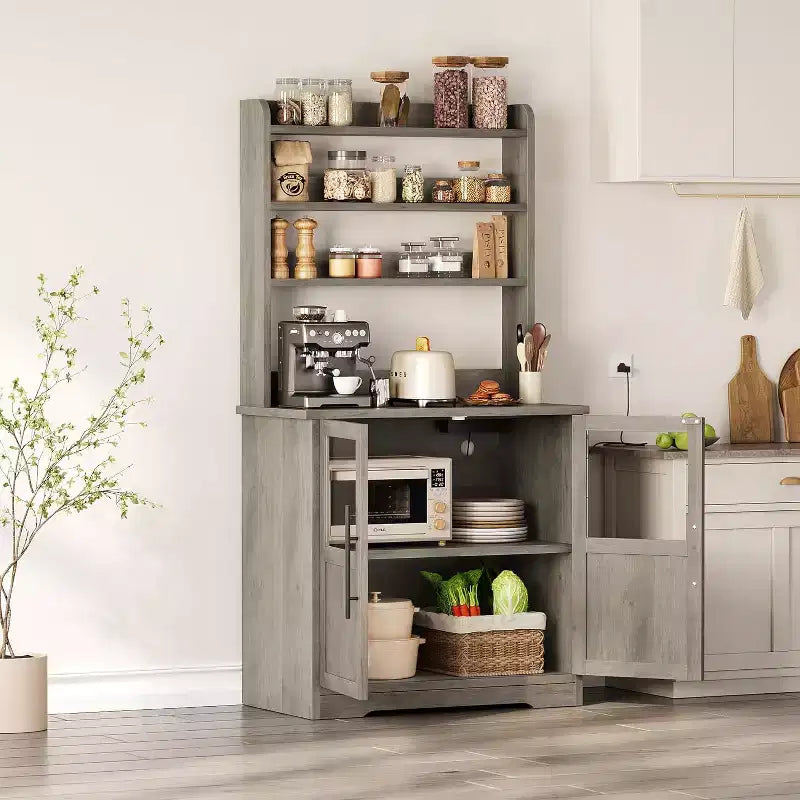Alacena de Cocina con Enchufes y USB, Organizador de Despensa con Puerta de Vidrio