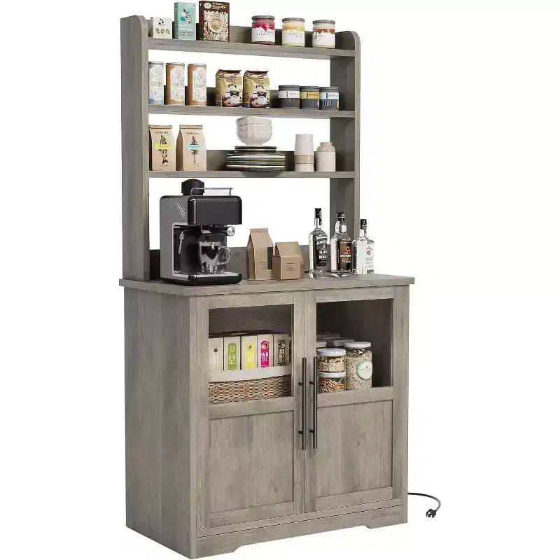 Acekool Kitchen Hutch Cabinet with Outlets & USB, Glass Door Pantry Storage Organizer for Kitchen or Coffee Bar
