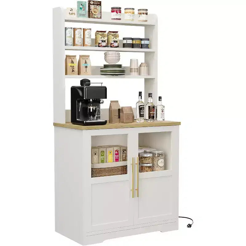 Alacena de Cocina con Enchufes y USB, Organizador de Despensa con Puerta de Vidrio
