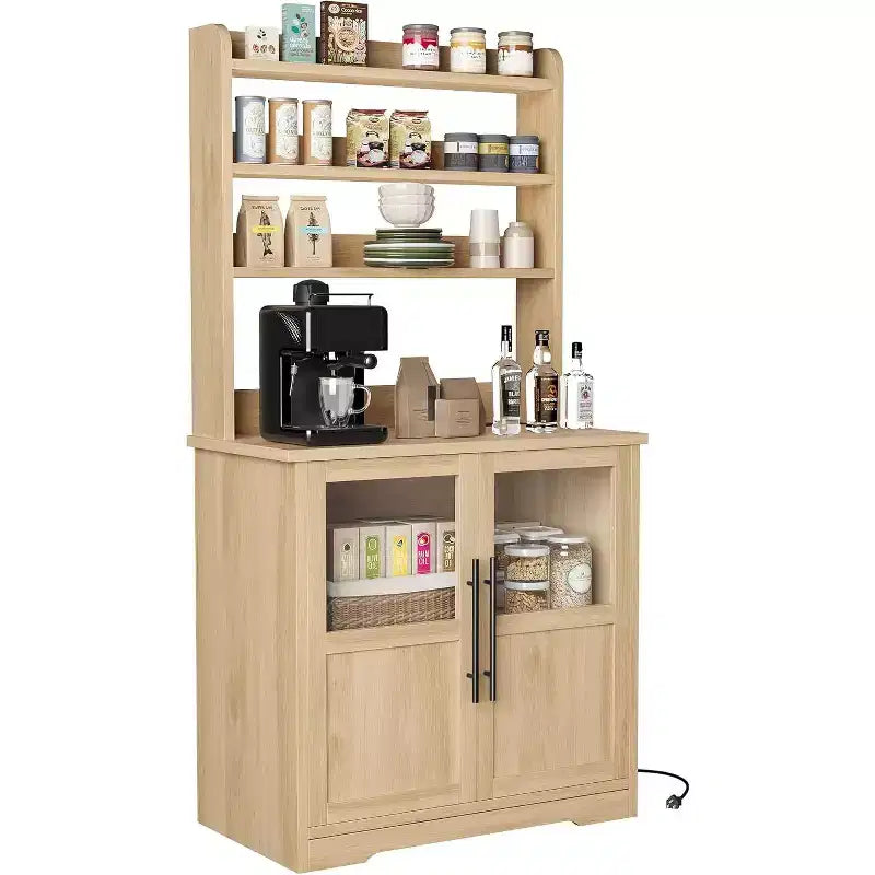 Alacena de Cocina con Enchufes y USB, Organizador de Despensa con Puerta de Vidrio