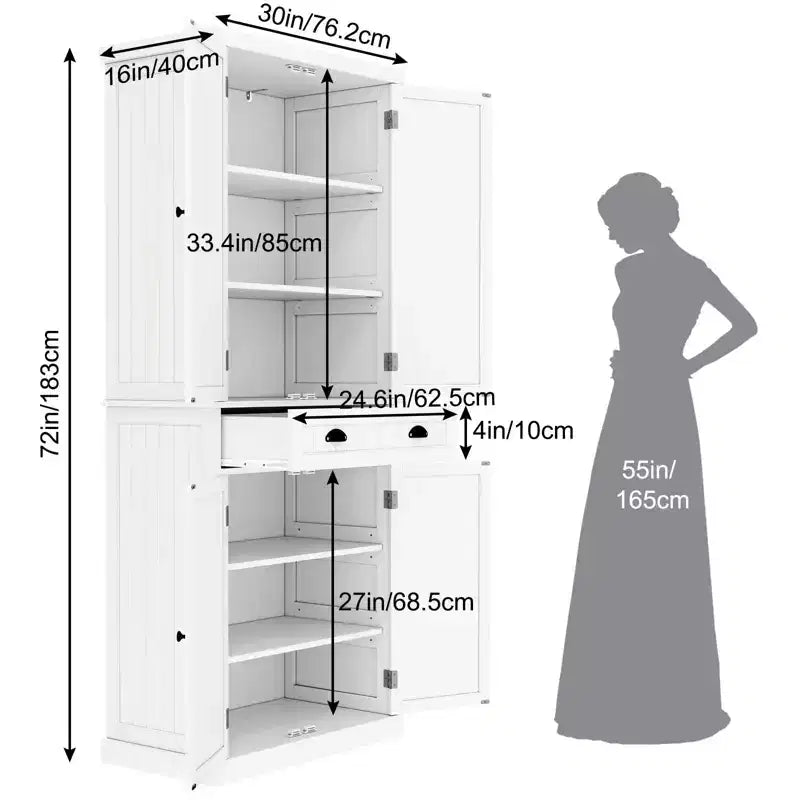 Mueble Despensero de Cocina, Armario Blanco Alto de 183 cm con Estantes Ajustables y Cajón, Organizador Independiente para Cocina, Despensa