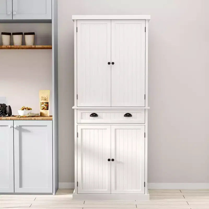 Mueble Despensero de Cocina, Armario Blanco Alto de 183 cm con Estantes Ajustables y Cajón, Organizador Independiente para Cocina, Despensa