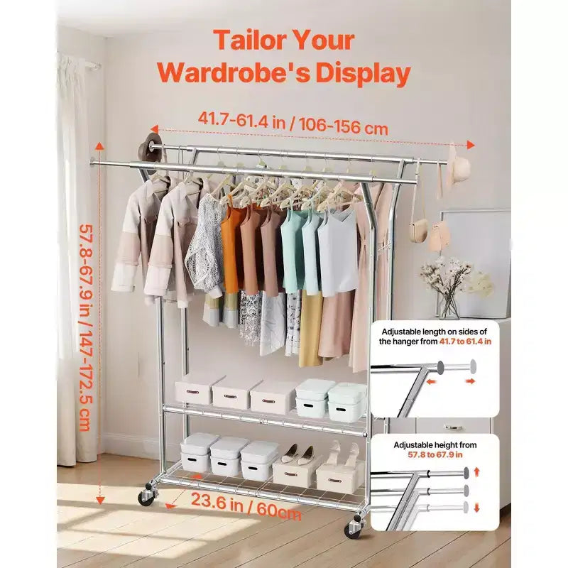 Estante de ropa con ruedas - Acero al carbono, 2 barras para colgar, 2 estantes de almacenamiento, carga de 264 libras