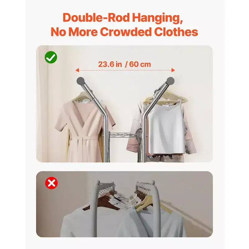 Estante de ropa con ruedas - Acero al carbono, 2 barras para colgar, 2 estantes de almacenamiento, carga de 264 libras