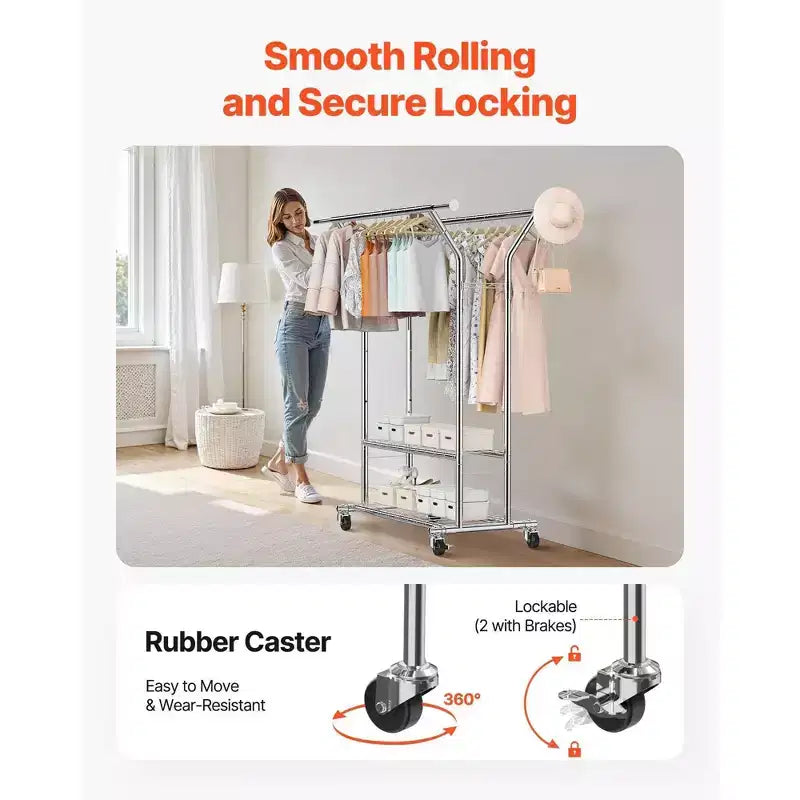 Estante de ropa con ruedas - Acero al carbono, 2 barras para colgar, 2 estantes de almacenamiento, carga de 264 libras