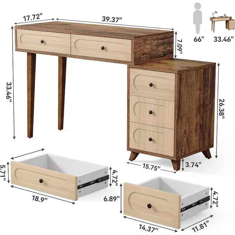 Escritorio de 39 pulgadas con 5 cajones y gabinete retráctil, mesa de computadora pequeña expandible y tocador para espacios pequeños, marrón