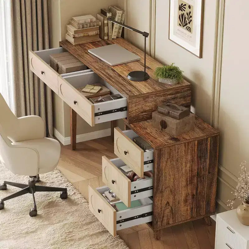 Escritorio de 39 pulgadas con 5 cajones y gabinete retráctil, mesa de computadora pequeña expandible y tocador para espacios pequeños, marrón