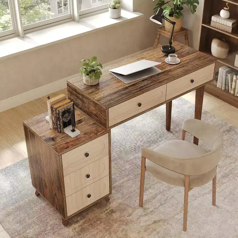 Escritorio de 39 pulgadas con 5 cajones y gabinete retráctil, mesa de computadora pequeña expandible y tocador para espacios pequeños, marrón