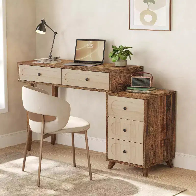 Escritorio de 39 pulgadas con 5 cajones y gabinete retráctil, mesa de computadora pequeña expandible y tocador para espacios pequeños, marrón