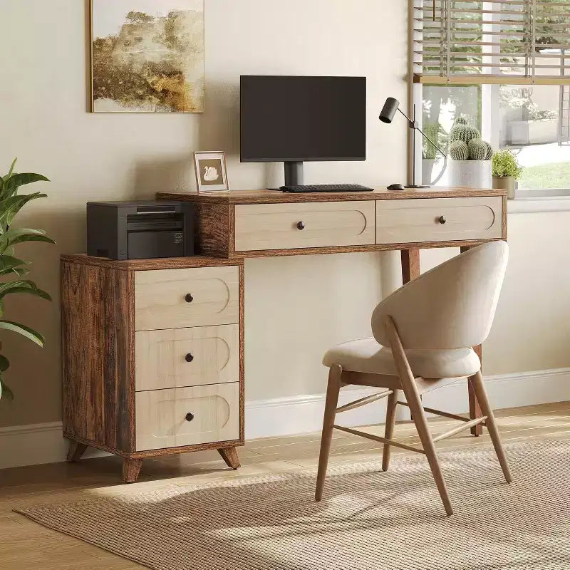 Escritorio de 39 pulgadas con 5 cajones y gabinete retráctil, mesa de computadora pequeña expandible y tocador para espacios pequeños, marrón
