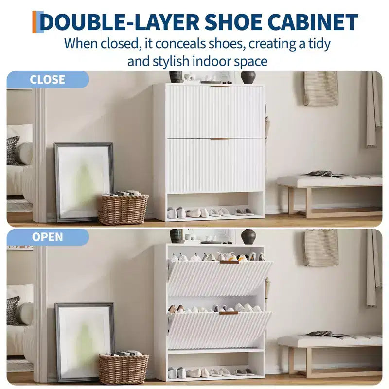 Mueble Zapatero de Entrada de 31.5'' con 2 Cajones Abatibles, Mueble Zapatero Delgado Estriado, Organizador de Zapatos de Madera Estrecho Independiente