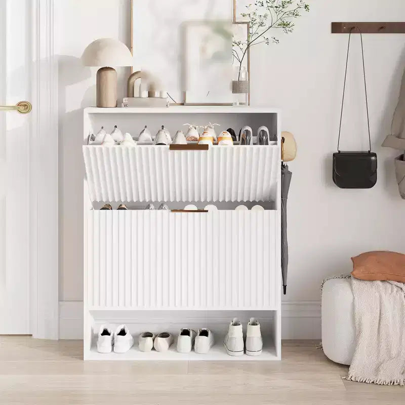 Mueble Zapatero de Entrada de 31.5'' con 2 Cajones Abatibles, Mueble Zapatero Delgado Estriado, Organizador de Zapatos de Madera Estrecho Independiente