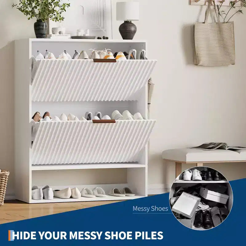 Mueble Zapatero de Entrada de 31.5'' con 2 Cajones Abatibles, Mueble Zapatero Delgado Estriado, Organizador de Zapatos de Madera Estrecho Independiente