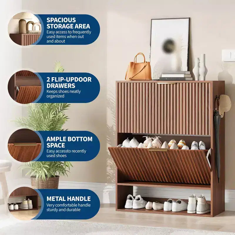 Mueble Zapatero de Entrada de 31.5'' con 2 Cajones Abatibles, Mueble Zapatero Delgado Estriado, Organizador de Zapatos de Madera Estrecho Independiente