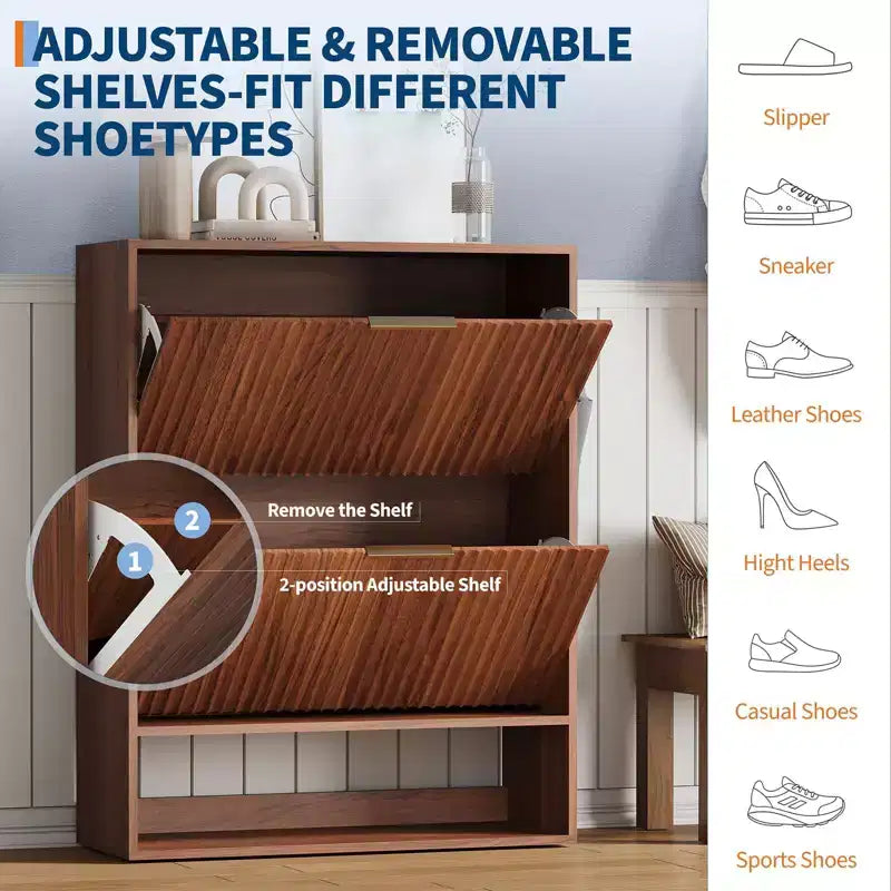 Mueble Zapatero de Entrada de 31.5'' con 2 Cajones Abatibles, Mueble Zapatero Delgado Estriado, Organizador de Zapatos de Madera Estrecho Independiente