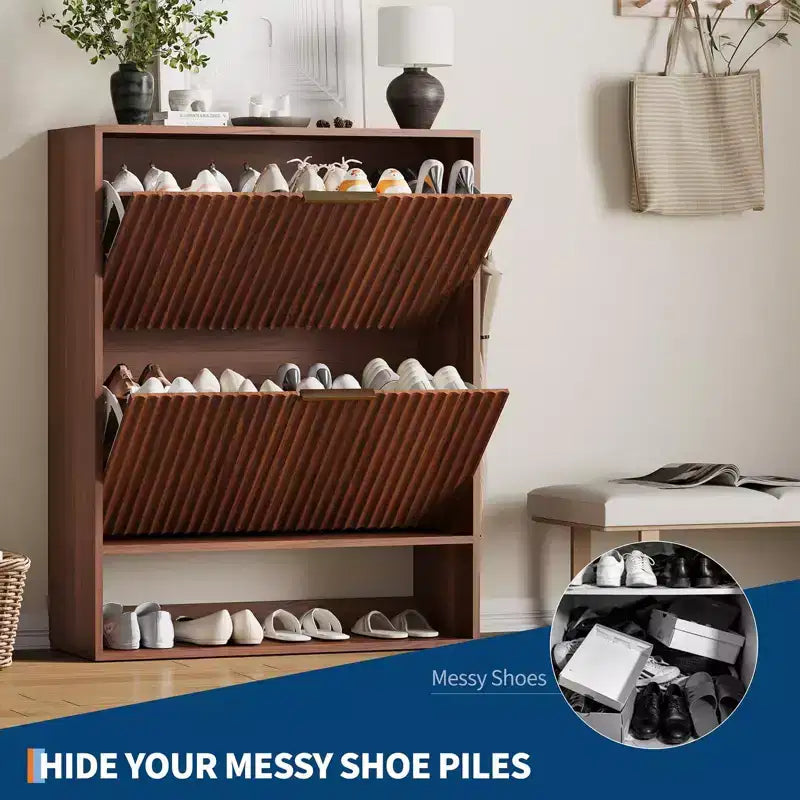 Mueble Zapatero de Entrada de 31.5'' con 2 Cajones Abatibles, Mueble Zapatero Delgado Estriado, Organizador de Zapatos de Madera Estrecho Independiente