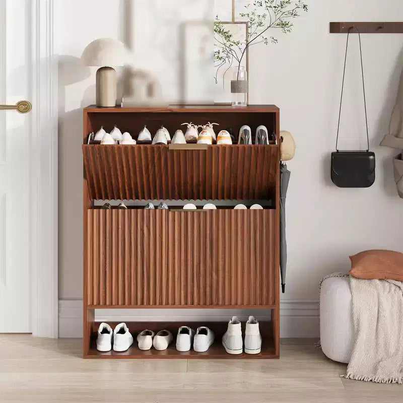 Mueble Zapatero de Entrada de 31.5'' con 2 Cajones Abatibles, Mueble Zapatero Delgado Estriado, Organizador de Zapatos de Madera Estrecho Independiente