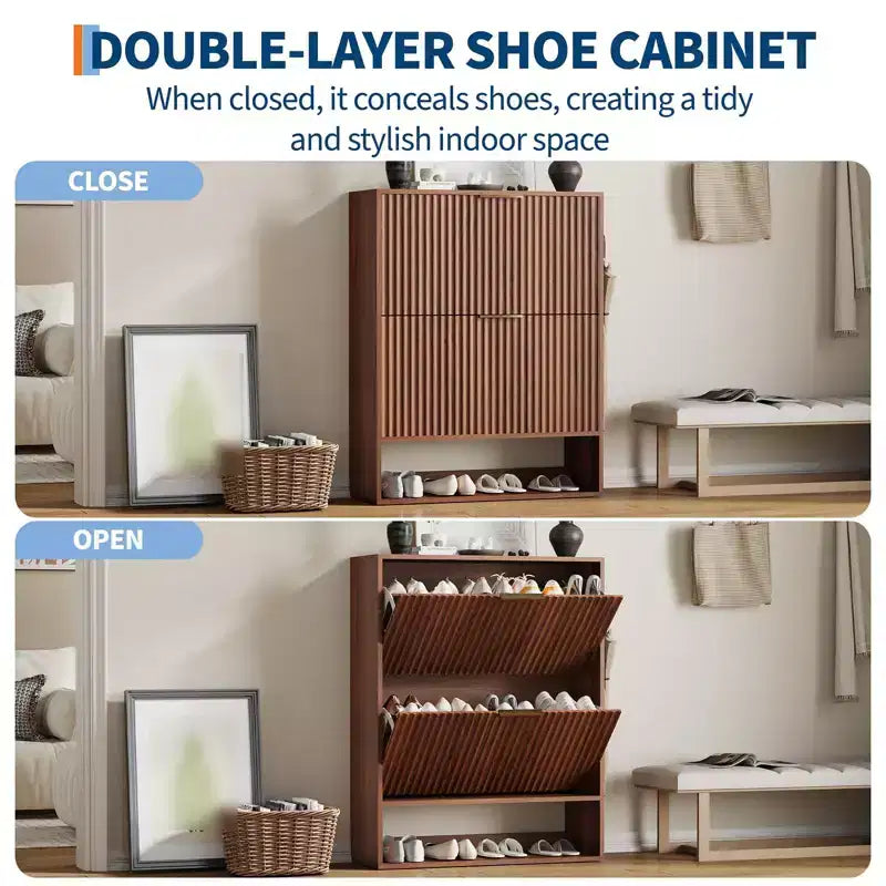 Mueble Zapatero de Entrada de 31.5'' con 2 Cajones Abatibles, Mueble Zapatero Delgado Estriado, Organizador de Zapatos de Madera Estrecho Independiente