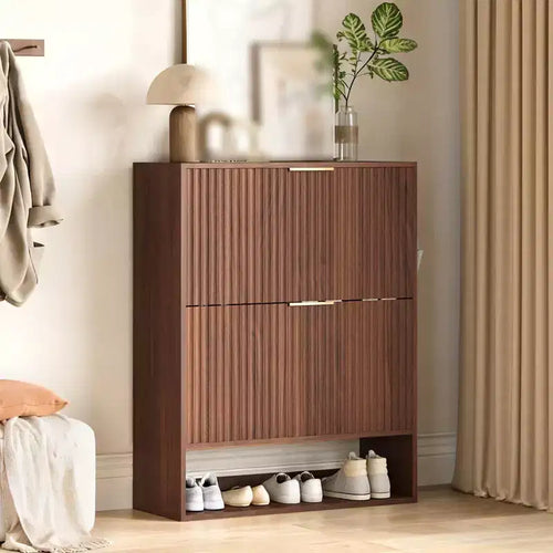 31.5'' Shoe Cabinet for Entryway with 2 Flip Drawers, Fluted Slim Shoe Storage Cabinet, Narrow Free Standing Wooden Shoes Organizer