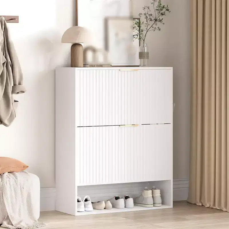 Mueble Zapatero de Entrada de 31.5'' con 2 Cajones Abatibles, Mueble Zapatero Delgado Estriado, Organizador de Zapatos de Madera Estrecho Independiente