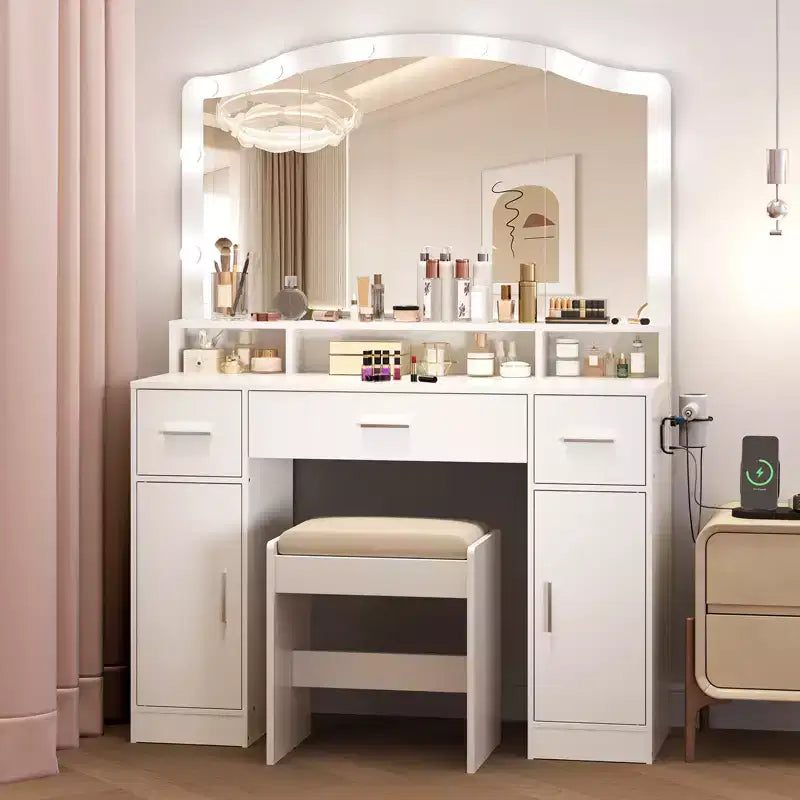 Tocador de maquillaje con espejo LED, cómoda de 5 cajones para dormitorio