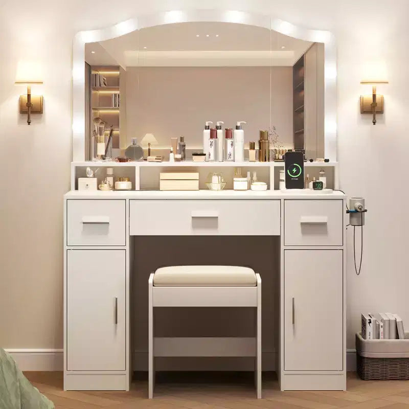 Tocador de maquillaje con espejo LED, cómoda de 5 cajones para dormitorio