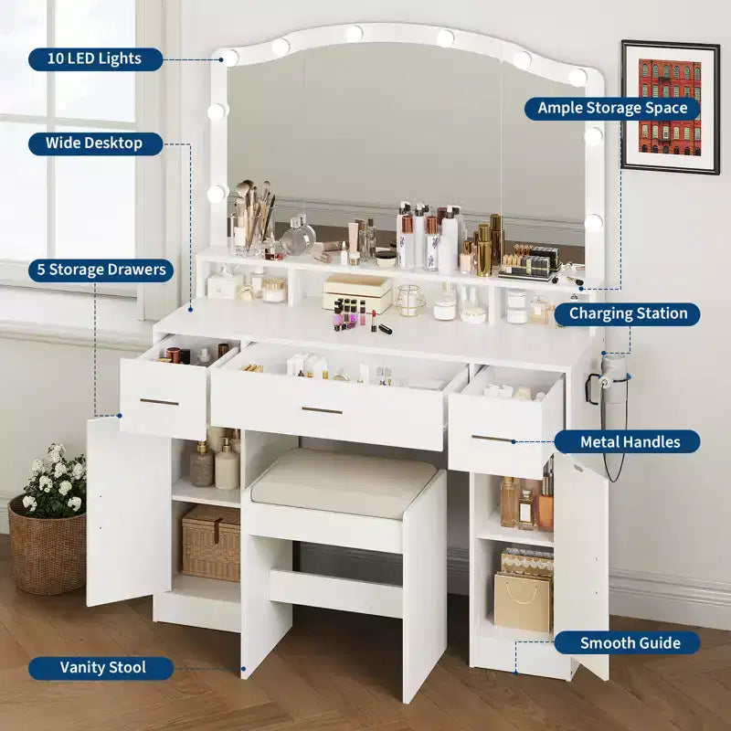 Tocador de maquillaje con espejo LED, cómoda de 5 cajones para dormitorio