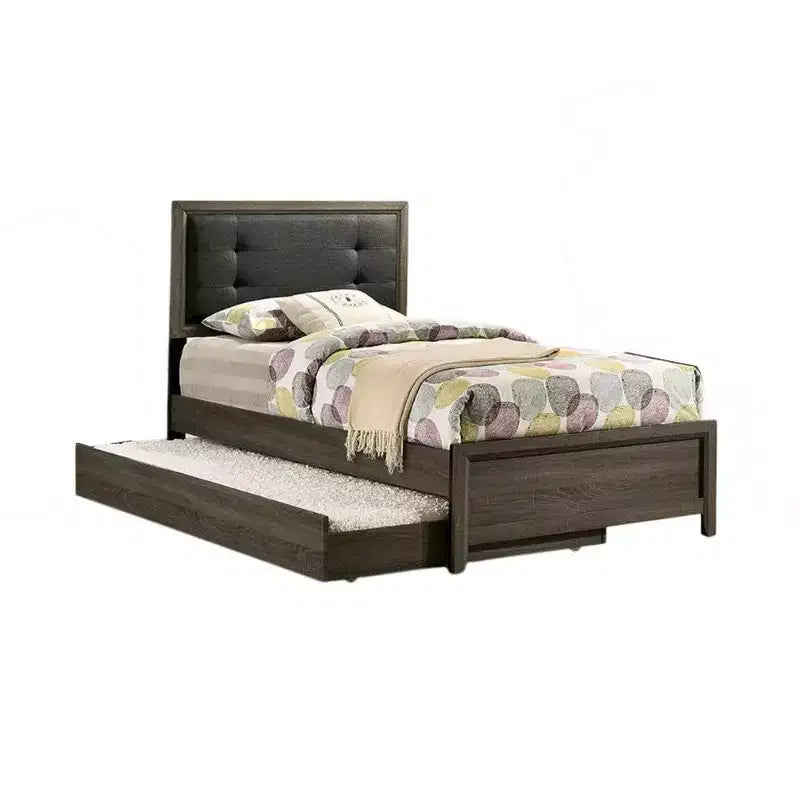 Royal Hampton Twin Size Bed, Button Tufted Upholstery, Dark Gray Solid Wood