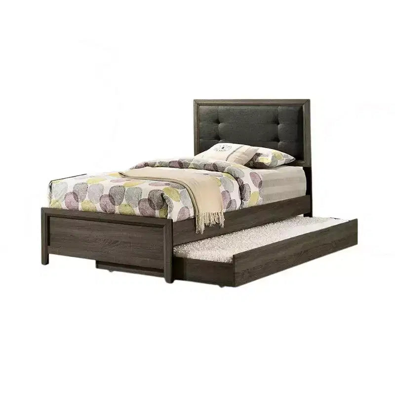 Cama individual, tapizado con botones, madera maciza gris oscuro
