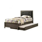 Cama individual, tapizado con botones, madera maciza gris oscuro