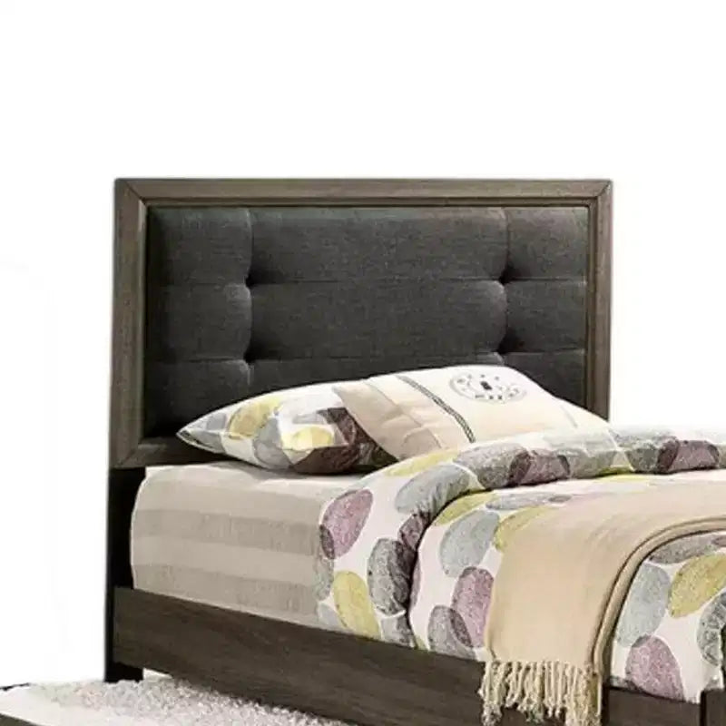 Cama individual, tapizado con botones, madera maciza gris oscuro