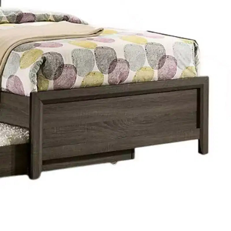 Cama individual, tapizado con botones, madera maciza gris oscuro