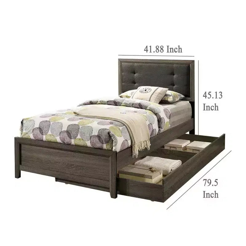 Cama individual, tapizado con botones, madera maciza gris oscuro