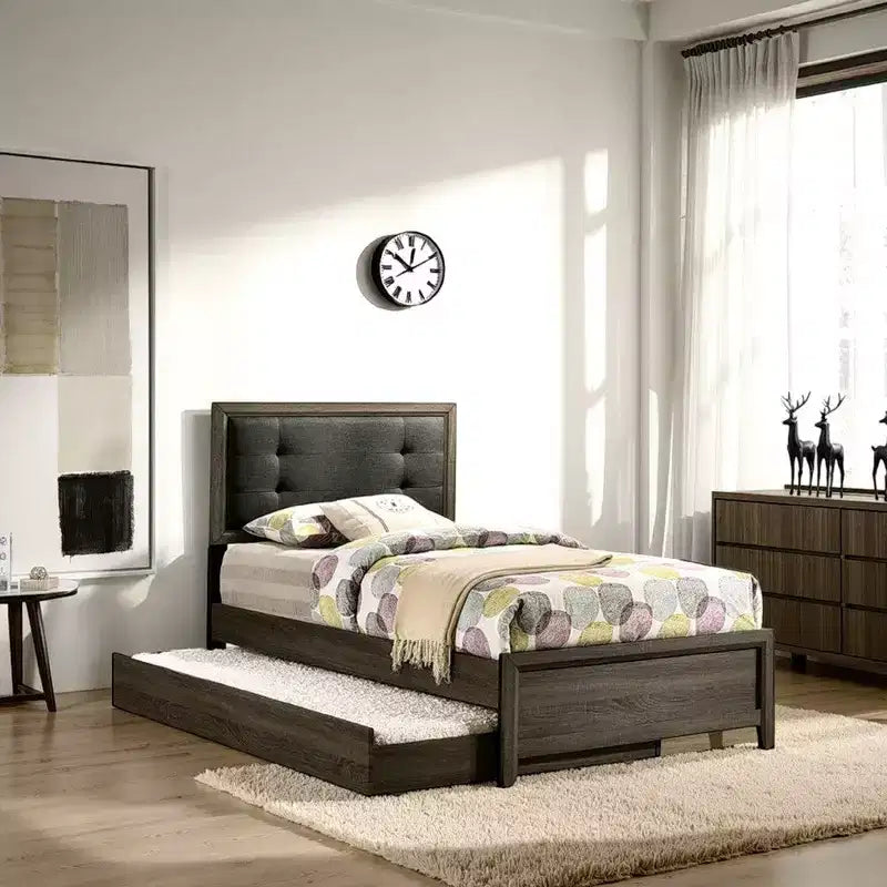 Cama individual, tapizado con botones, madera maciza gris oscuro