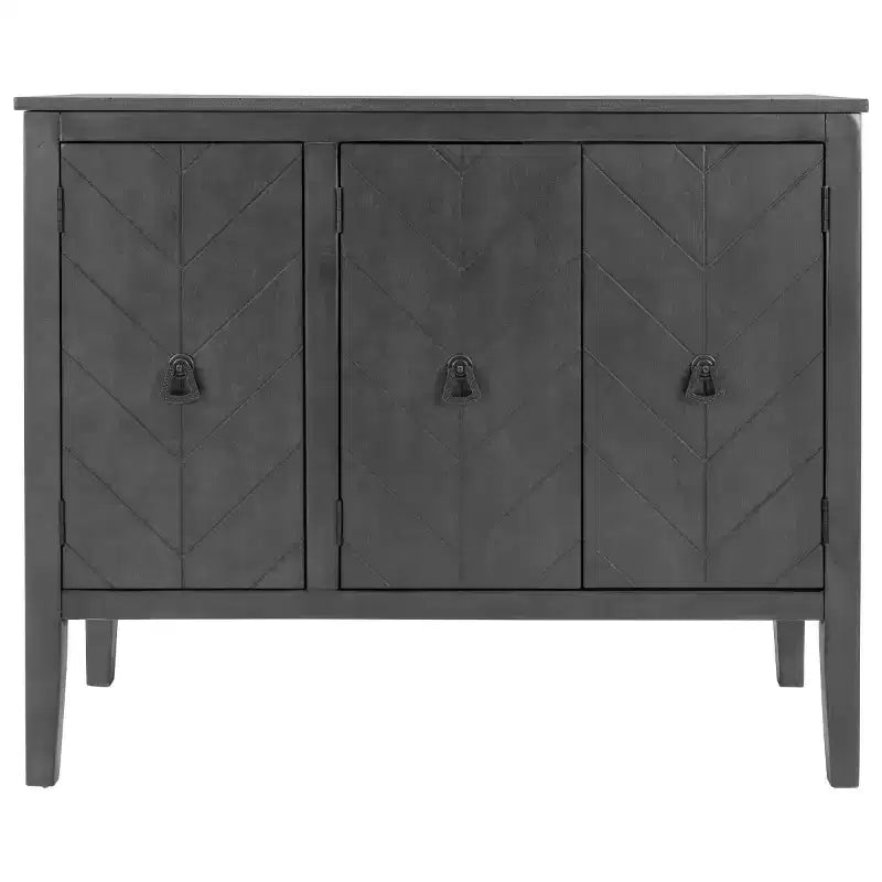 37 Armario aparador, armario de almacenamiento tipo bufé de madera de 3 puertas con puertas con patrón de ranura en V y tiradores de anillo retro