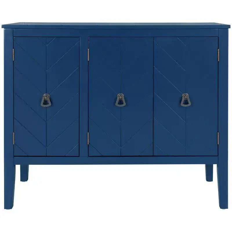 37 Armario aparador, armario de almacenamiento tipo bufé de madera de 3 puertas con puertas con patrón de ranura en V y tiradores de anillo retro