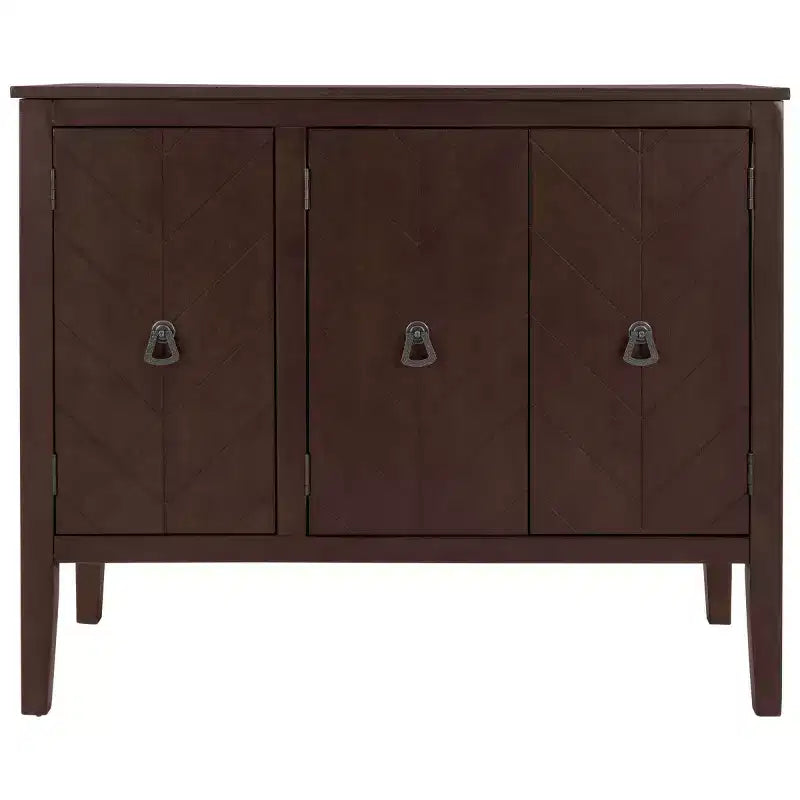 37 Armario aparador, armario de almacenamiento tipo bufé de madera de 3 puertas con puertas con patrón de ranura en V y tiradores de anillo retro