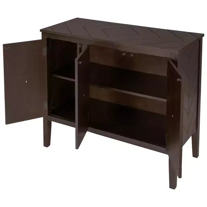 37 Armario aparador, armario de almacenamiento tipo bufé de madera de 3 puertas con puertas con patrón de ranura en V y tiradores de anillo retro