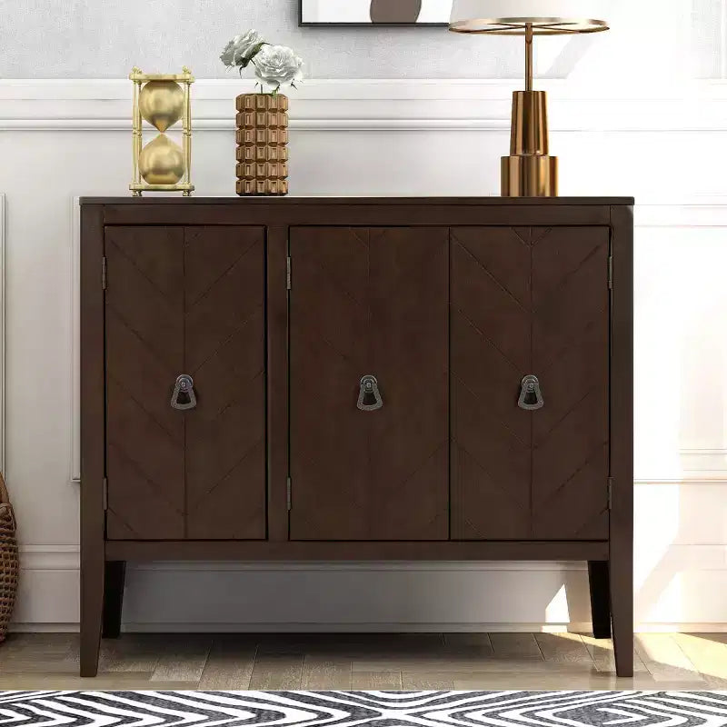 37 Sideboard Cabinet, 3-Door Wooden Buffet Storage Cabinet with V-Groove Pattern Doors & Retro Ring Handles - Panipeachy