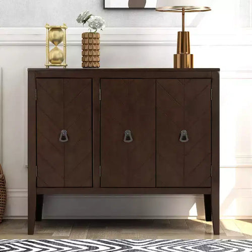 37 Sideboard Cabinet, 3-Door Wooden Buffet Storage Cabinet with V-Groove Pattern Doors & Retro Ring Handles - Panipeachy
