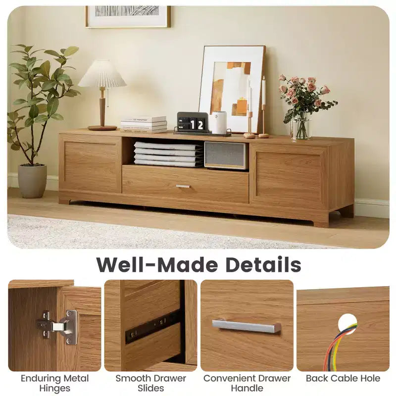 Mueble de TV para televisores de hasta 80'' con cajón, orificio para cables, centro de entretenimiento para dormitorio