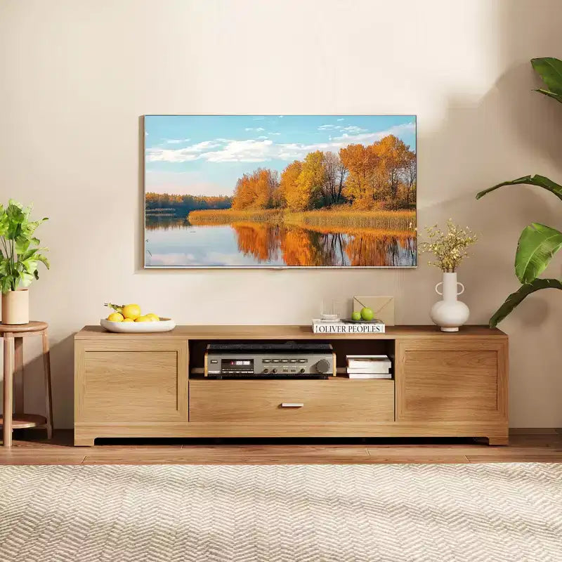 Mueble de TV para televisores de hasta 80'' con cajón, orificio para cables, centro de entretenimiento para dormitorio