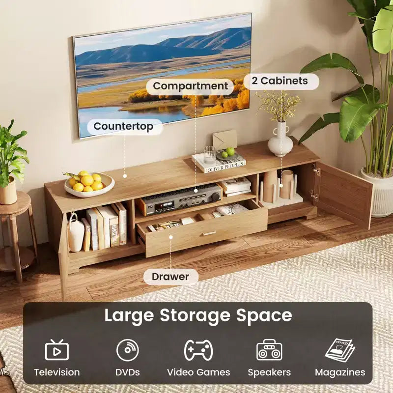 Mueble de TV para televisores de hasta 80'' con cajón, orificio para cables, centro de entretenimiento para dormitorio