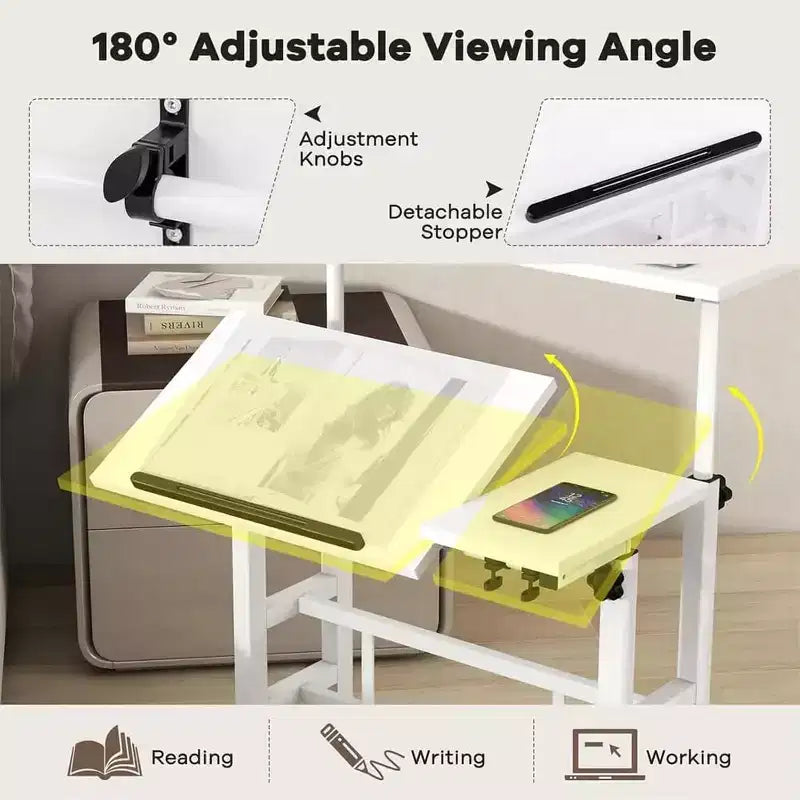 Escritorio de pie portátil de altura regulable 26.4-61, escritorio de ordenador con ruedas, tablero inclinable y soporte para CPU, mesa portátil con ruedas para oficina en casa